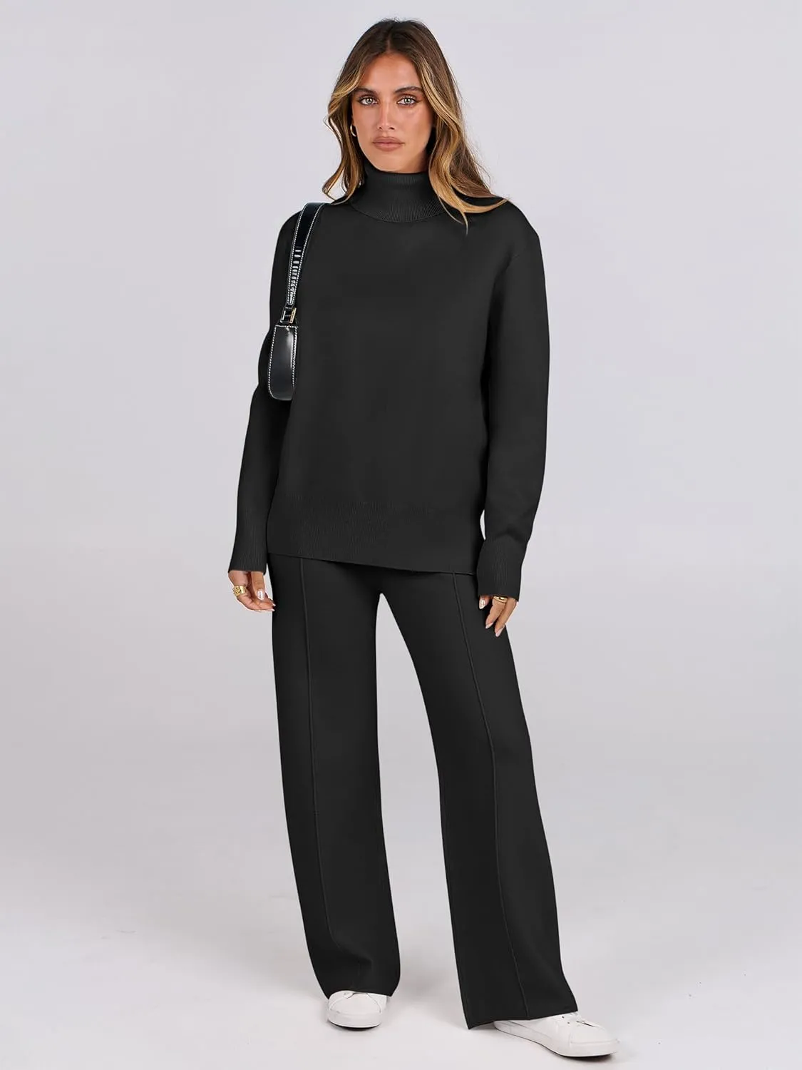 ANRABESS Womens 2 Piece Outfits Sweater Sets Loose Turtlenck Knit Pullover Top Wide Leg Pants 2024 Fall Lounge Sweatsuits