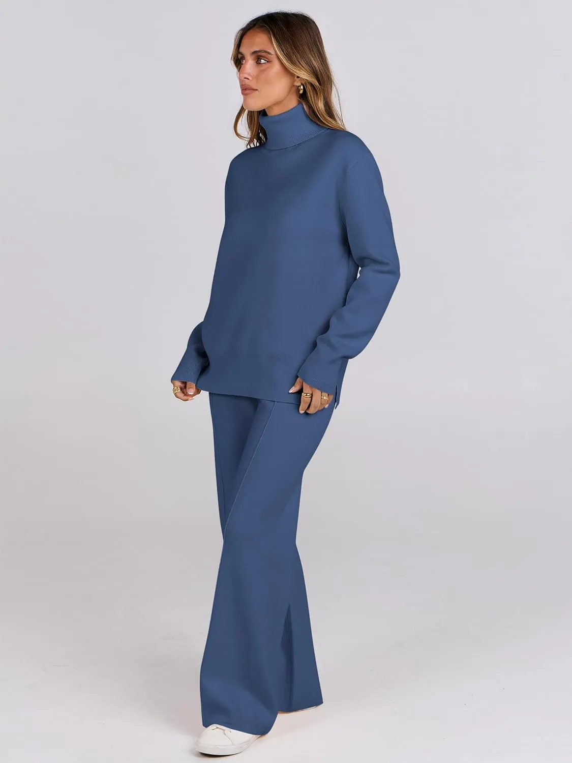 ANRABESS Womens 2 Piece Outfits Sweater Sets Loose Turtlenck Knit Pullover Top Wide Leg Pants 2024 Fall Lounge Sweatsuits