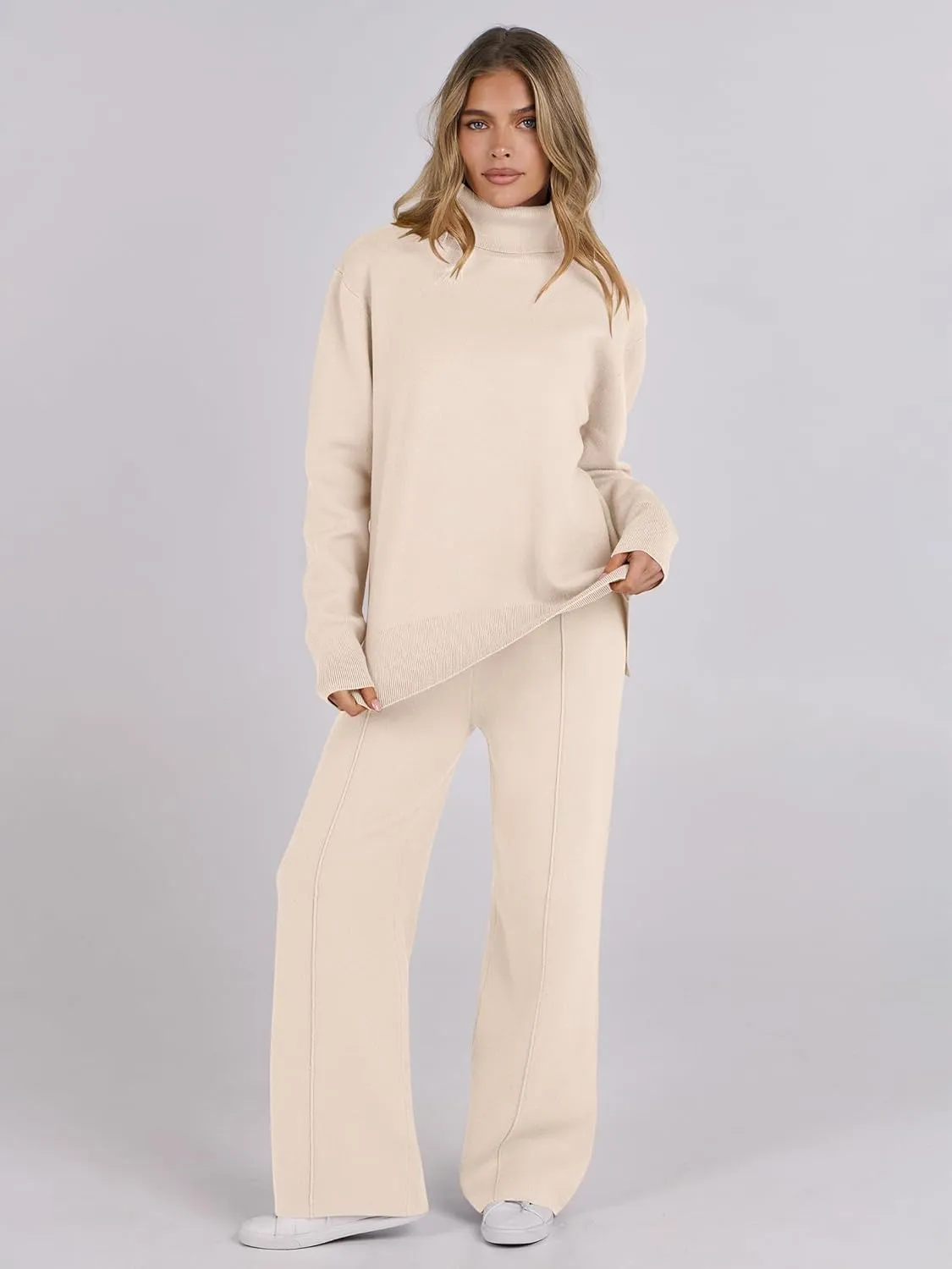 ANRABESS Womens 2 Piece Outfits Sweater Sets Loose Turtlenck Knit Pullover Top Wide Leg Pants 2024 Fall Lounge Sweatsuits