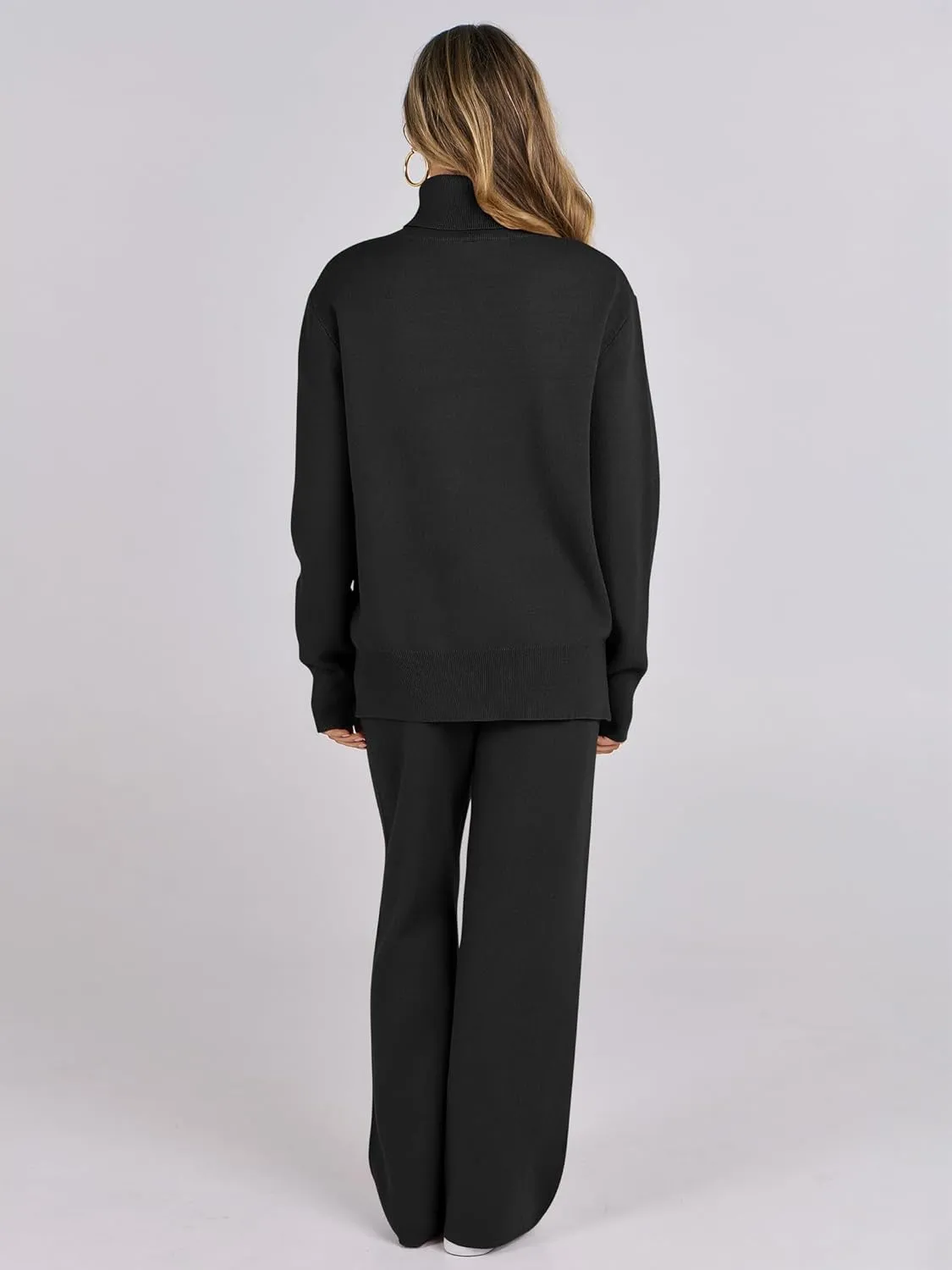 ANRABESS Womens 2 Piece Outfits Sweater Sets Loose Turtlenck Knit Pullover Top Wide Leg Pants 2024 Fall Lounge Sweatsuits
