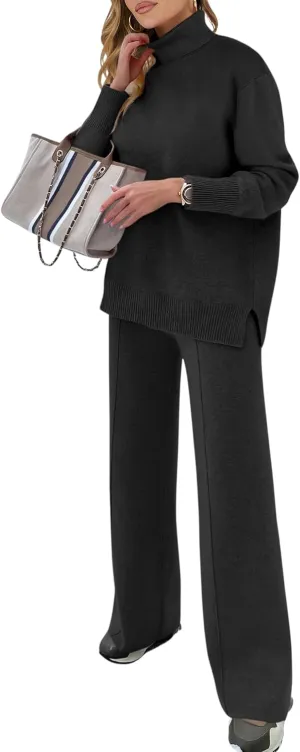 ANRABESS Womens 2 Piece Outfits Sweater Sets Loose Turtlenck Knit Pullover Top Wide Leg Pants 2024 Fall Lounge Sweatsuits