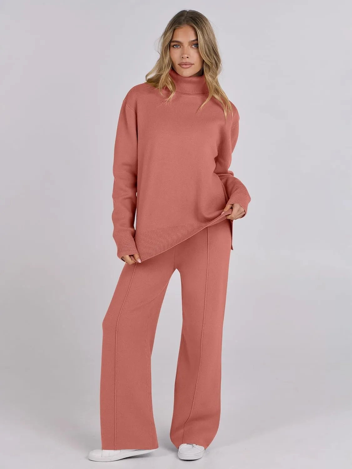 ANRABESS Womens 2 Piece Outfits Sweater Sets Loose Turtlenck Knit Pullover Top Wide Leg Pants 2024 Fall Lounge Sweatsuits