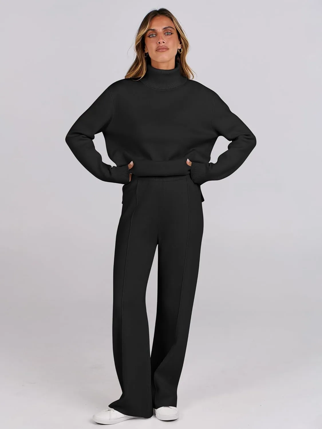 ANRABESS Womens 2 Piece Outfits Sweater Sets Loose Turtlenck Knit Pullover Top Wide Leg Pants 2024 Fall Lounge Sweatsuits