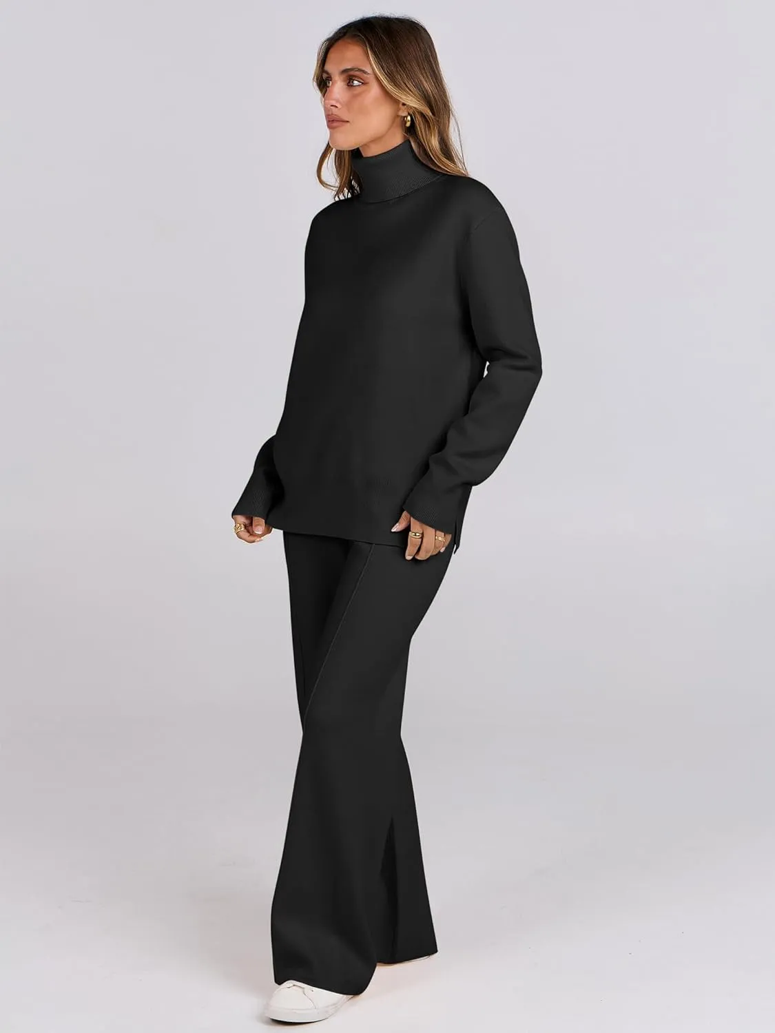 ANRABESS Womens 2 Piece Outfits Sweater Sets Loose Turtlenck Knit Pullover Top Wide Leg Pants 2024 Fall Lounge Sweatsuits