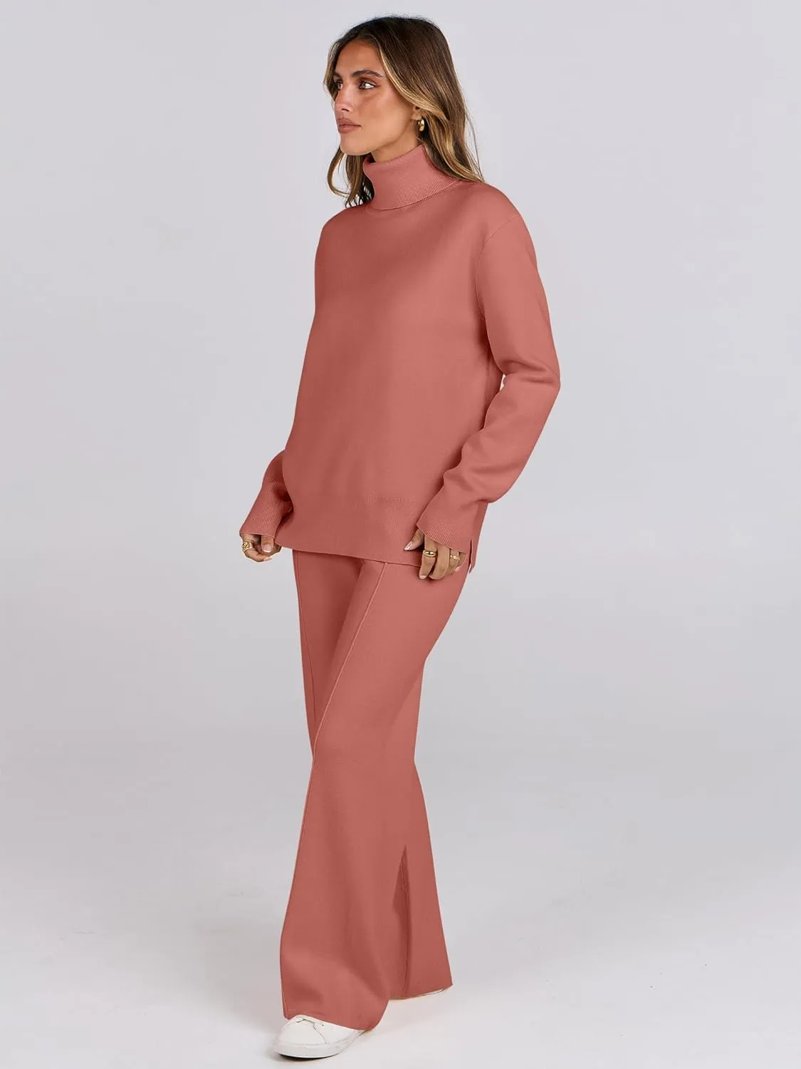 ANRABESS Womens 2 Piece Outfits Sweater Sets Loose Turtlenck Knit Pullover Top Wide Leg Pants 2024 Fall Lounge Sweatsuits