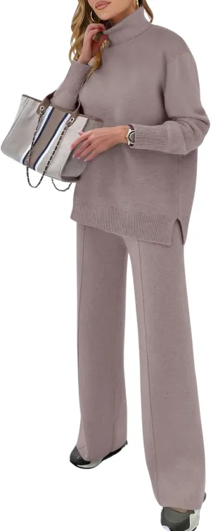 ANRABESS Womens 2 Piece Outfits Sweater Sets Loose Turtlenck Knit Pullover Top Wide Leg Pants 2024 Fall Lounge Sweatsuits