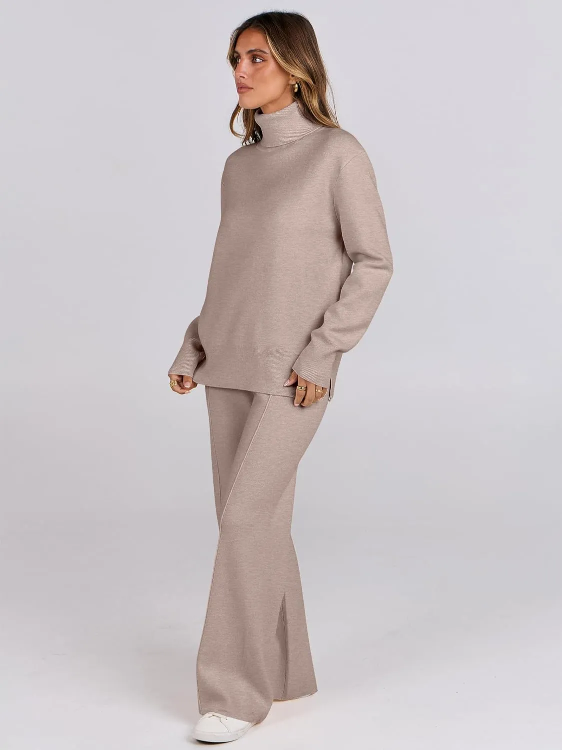 ANRABESS Womens 2 Piece Outfits Sweater Sets Loose Turtlenck Knit Pullover Top Wide Leg Pants 2024 Fall Lounge Sweatsuits
