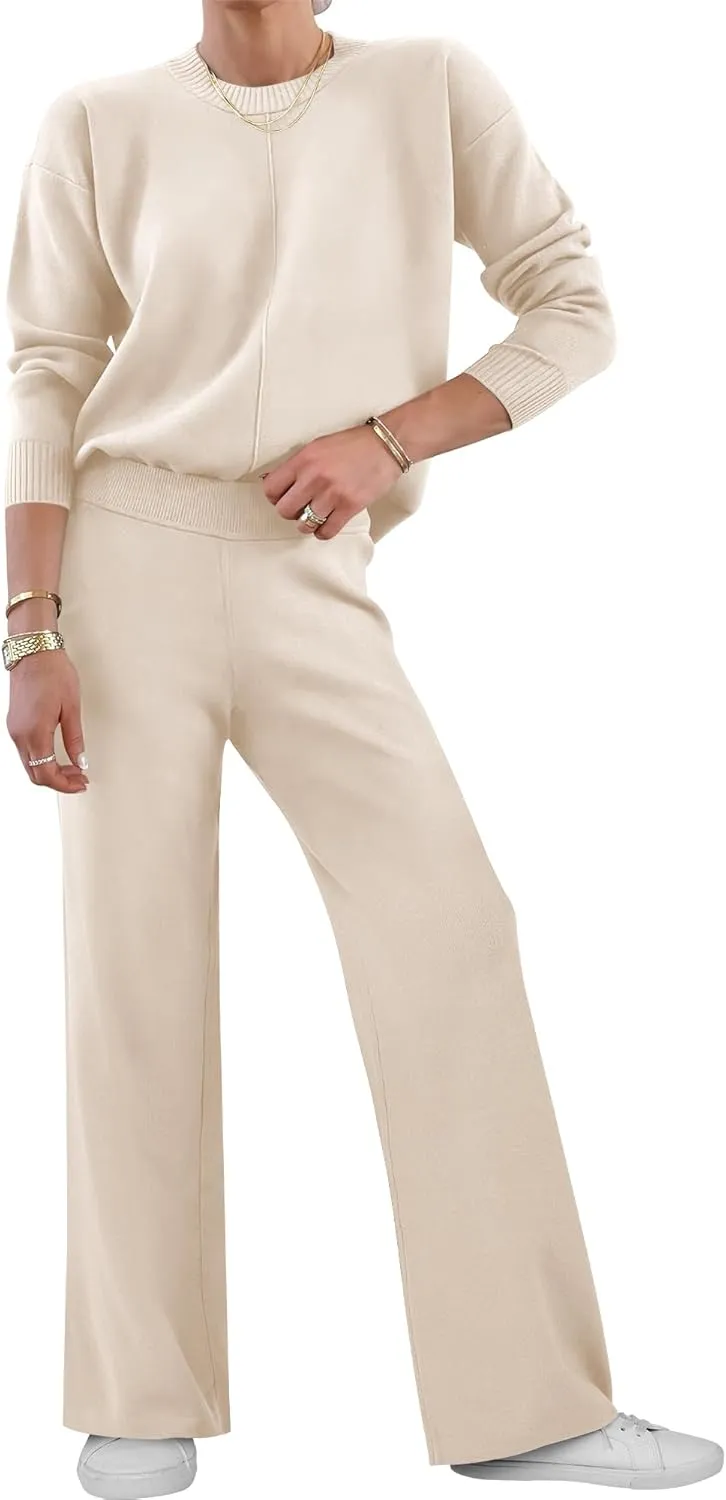 ANRABESS Womens Two Piece Outfits Lounge Sweater Sets Casual Pullover Knit Tops Wide Leg Pants 2024 Fall Clothes