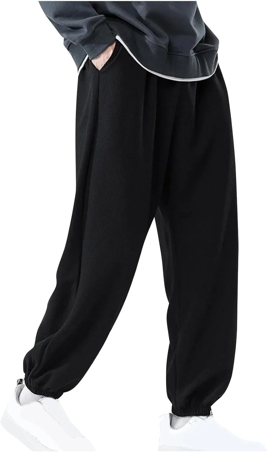 Aymnlox Mens Baggy Casual Pants Fashion Solid Tapered Parachute Waffle Pants Lightweight Athletic Joggers Trouser with Pocket
