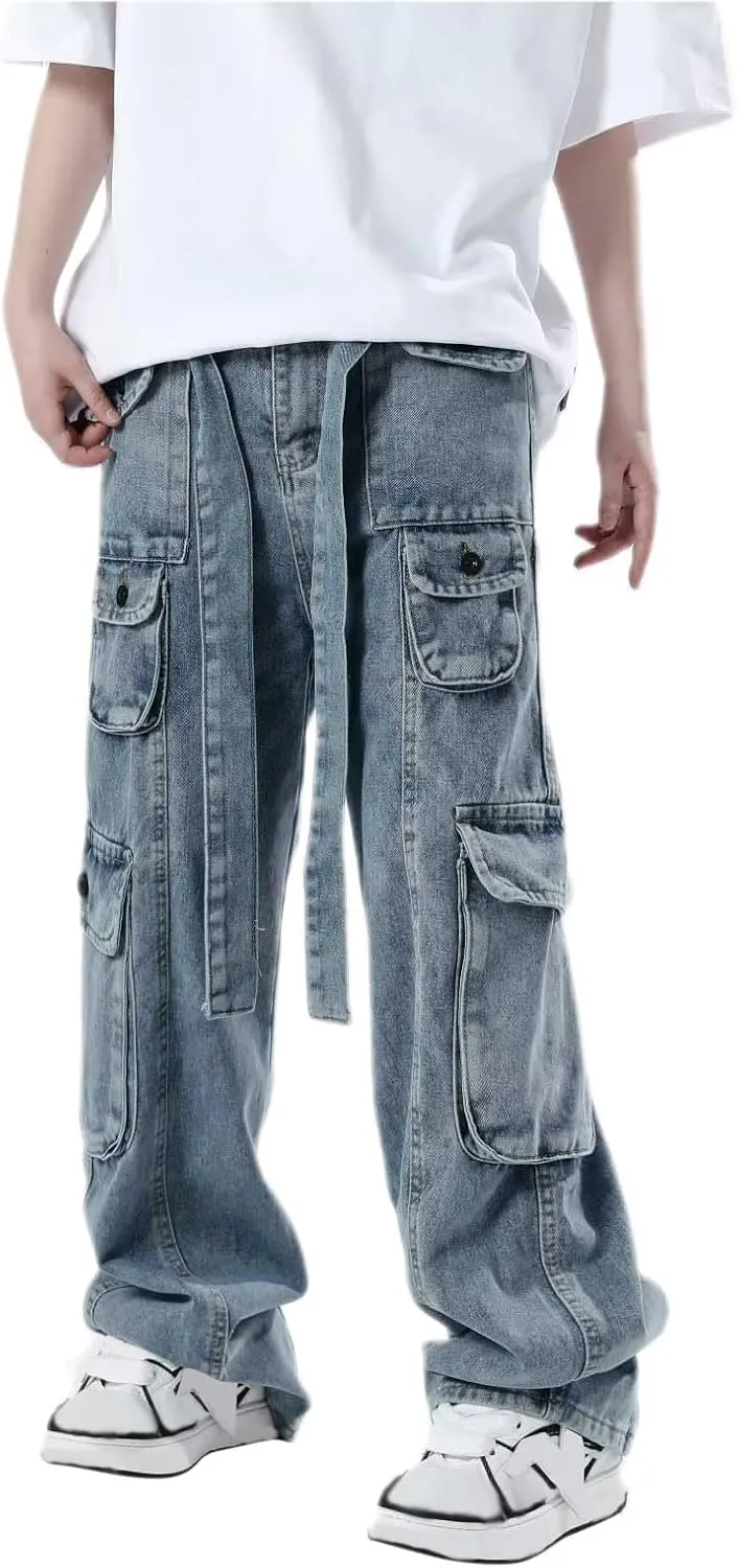 Baggy Cargo Jeans for Men Y2K Vintage Straight Wide Leg Aesthetic Clothes 90s Hip Hop Streetwear Trousers