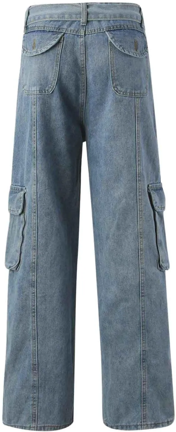 Baggy Cargo Jeans for Men Y2K Vintage Straight Wide Leg Aesthetic Clothes 90s Hip Hop Streetwear Trousers