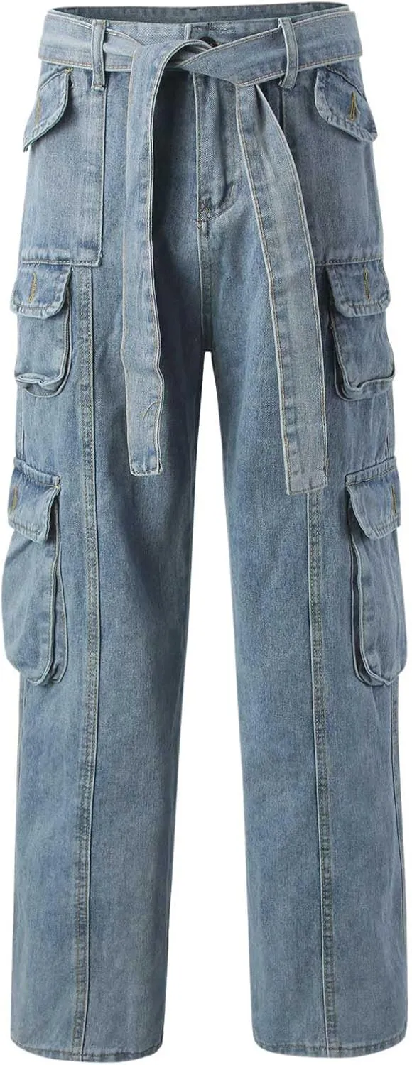 Baggy Cargo Jeans for Men Y2K Vintage Straight Wide Leg Aesthetic Clothes 90s Hip Hop Streetwear Trousers