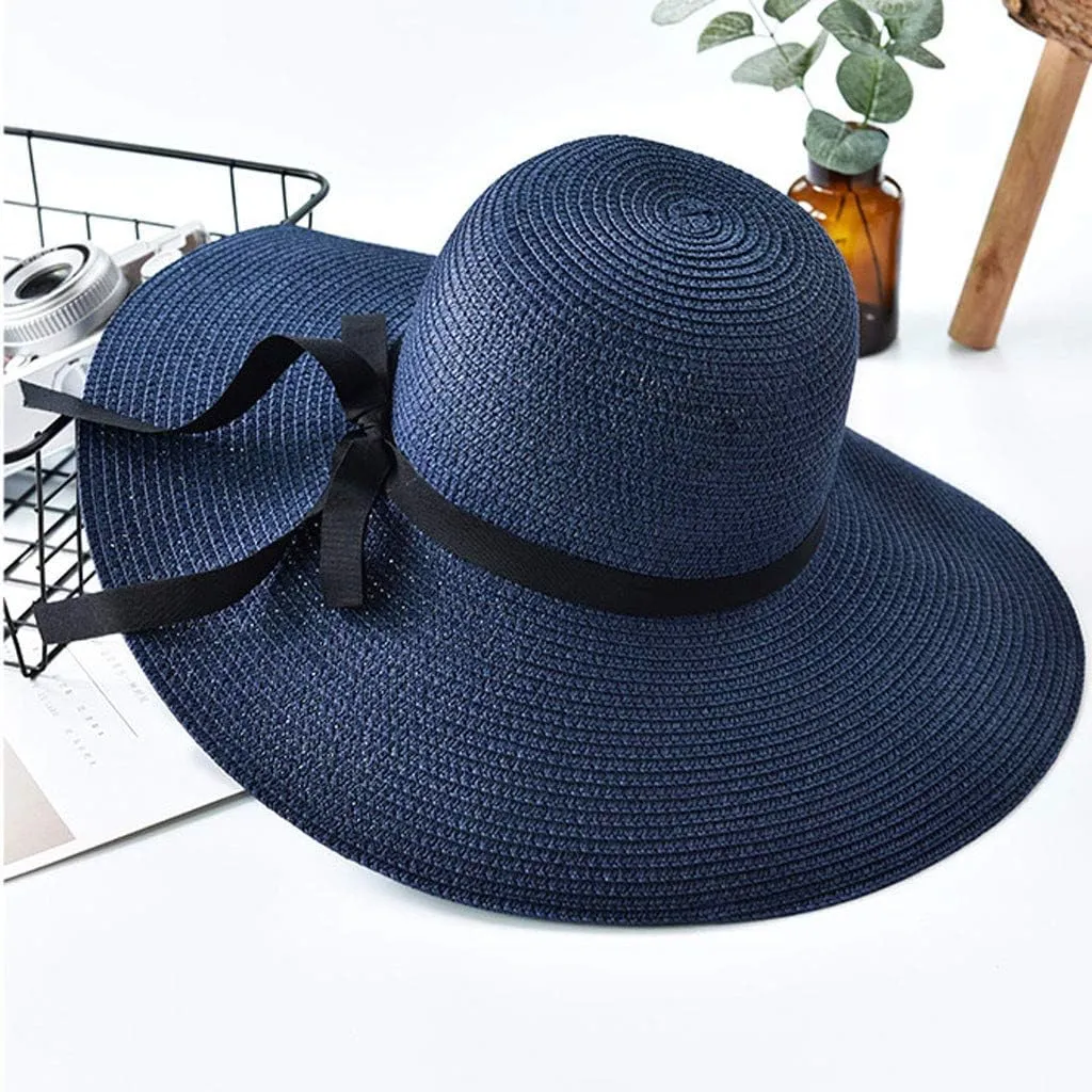 Beach Sun Hats for Women Wide Brim Straw Womens Summer Hat with Wind Lanyard Roll Up, Foldable Beach Hat UV Protection
