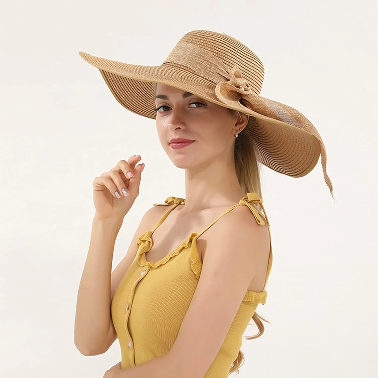 Beach Sun Hats for Women Wide Brim Straw Womens Summer Hat with Wind Lanyard Roll Up, Foldable Beach Hat UV Protection