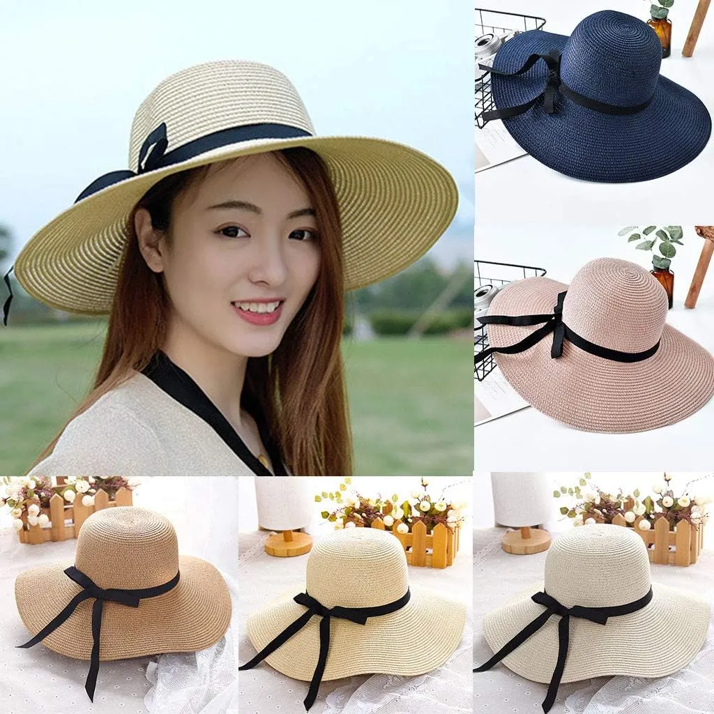 Beach Sun Hats for Women Wide Brim Straw Womens Summer Hat with Wind Lanyard Roll Up, Foldable Beach Hat UV Protection
