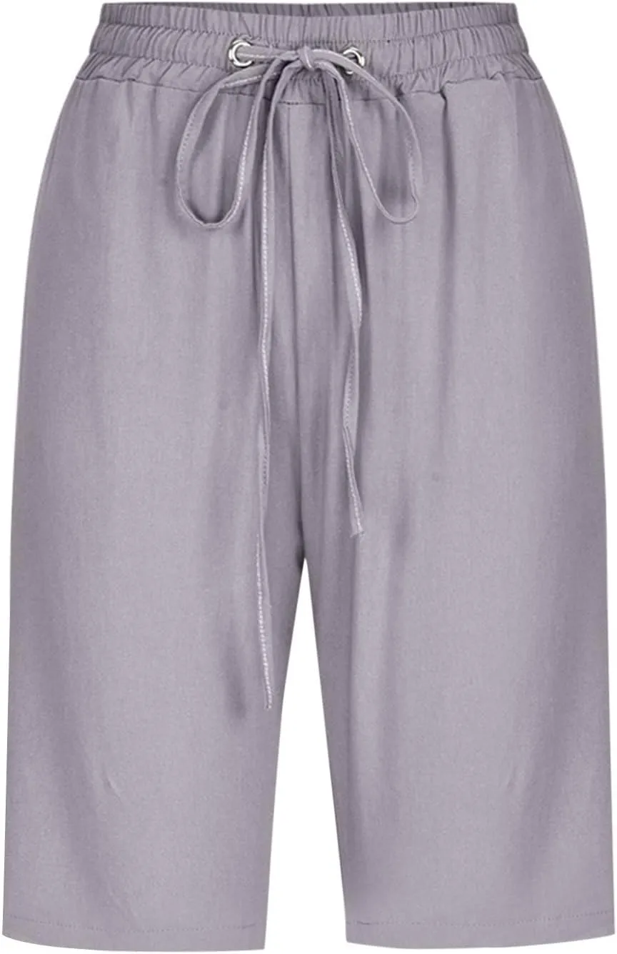 Bermuda Shorts for Women Elastic Drawstring High Waisted Outdoor Cargo Pants Casual Lightweight Hiking Pants