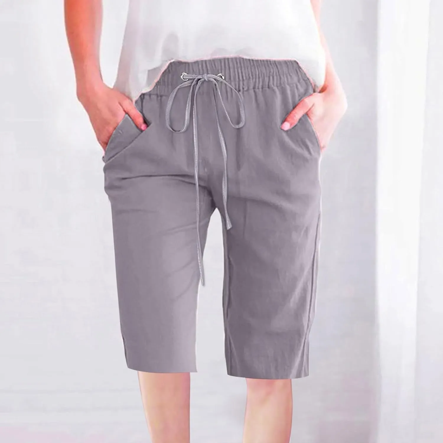 Bermuda Shorts for Women Elastic Drawstring High Waisted Outdoor Cargo Pants Casual Lightweight Hiking Pants