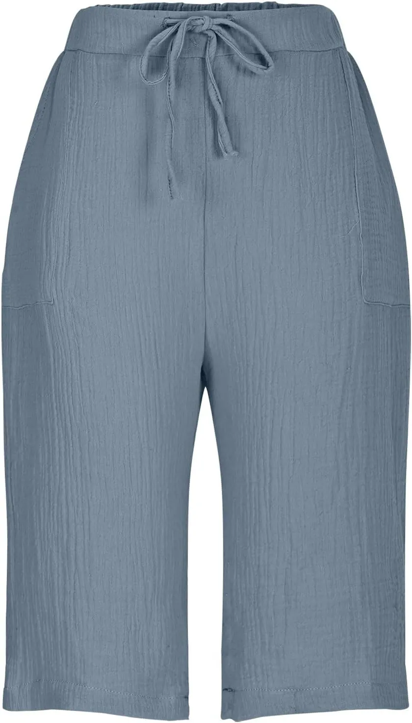 Bermuda Shorts for Women Knee Length Elastic Waist Drawstring Loose Wide Leg Shorts Summer Casual Beach Clothes 2025