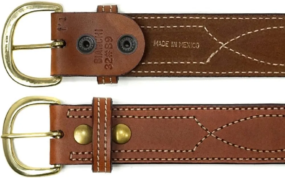 BIANCHI B9 Reversible Fancy Stitched Belt, Fits 1.75'' (45mm) Belt Loops, Plain Tan, Brass Buckle