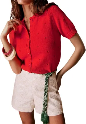 Bianstore Women's Casual Short Sleeve Crewneck Button Down Cardigan Sweater Crochet Knit Top