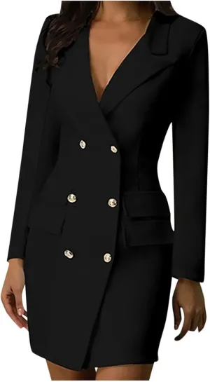 Blazer Dress for Women Elegant Double Breasted Work Office Dresses Long Sleeve Nortch Collar Fashion Party Dress