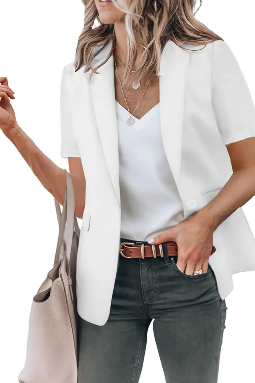 Blazers for Women Business Casual Short Sleeve Lapel Open Front Work Office Jacket Dressy Suit Jackets with Pockets