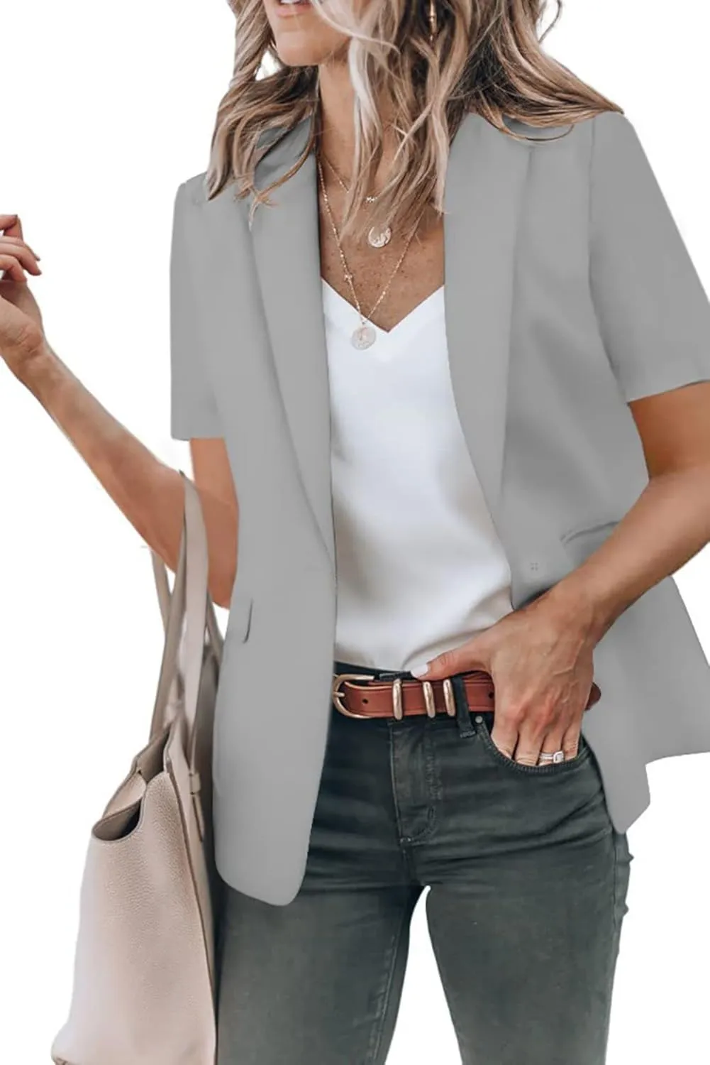 Blazers for Women Business Casual Short Sleeve Lapel Open Front Work Office Jacket Dressy Suit Jackets with Pockets