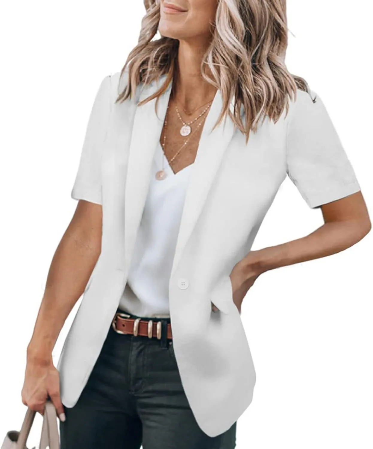Blazers for Women Business Casual Short Sleeve Lapel Open Front Work Office Jacket Dressy Suit Jackets with Pockets