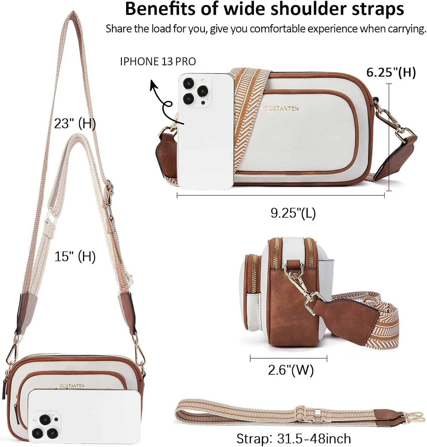 BOSTANTEN Crossbody Bags for Women Vegan Leather Purses Quilted Shoulder Handbags with Adjustable Shoulder Strap