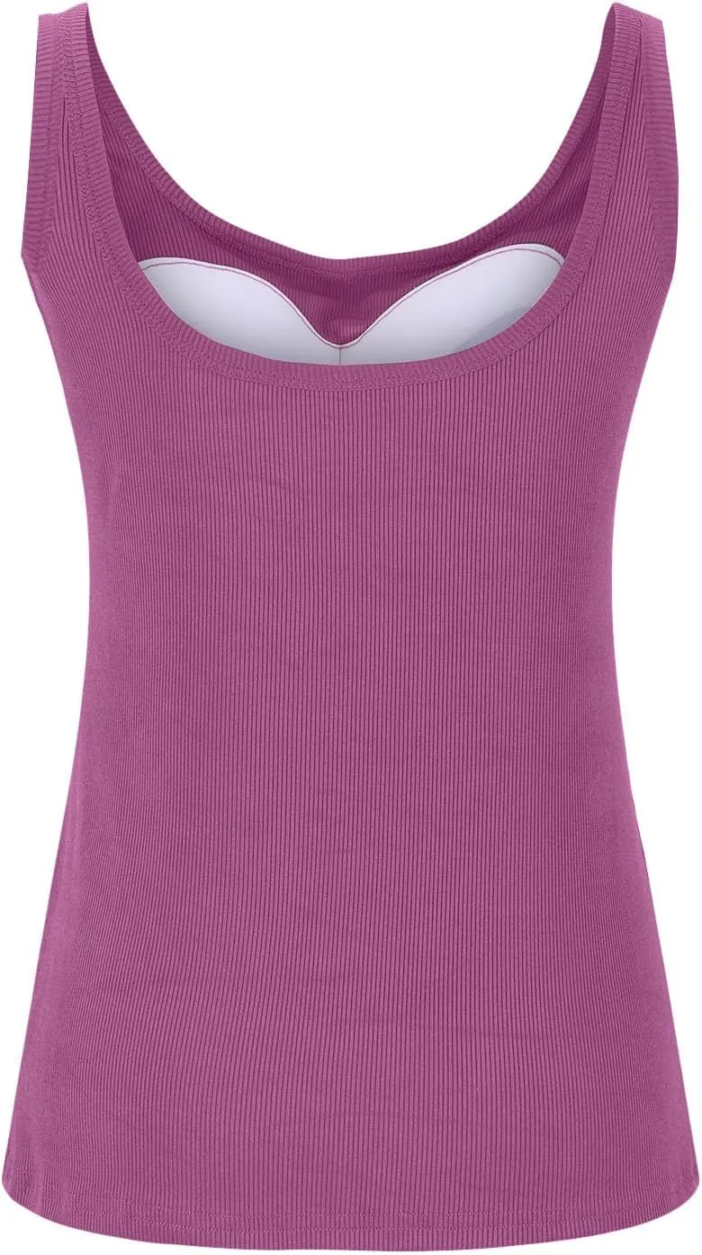 Built in Bra Tank Tops for Women 2024 Summer Casual Ribbed Knit Camisole U Neck Sleeveless Padded Workout Tops
