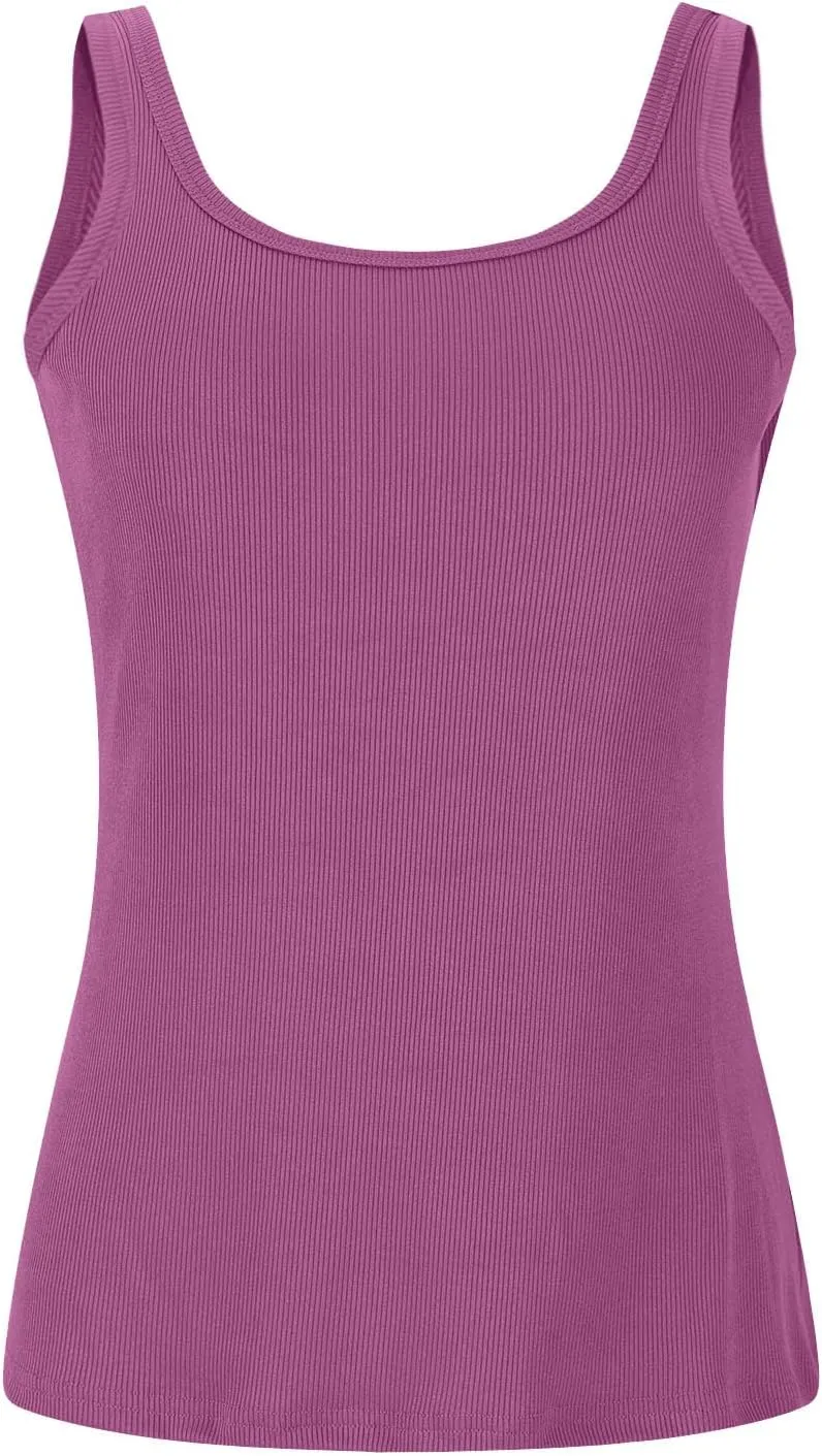 Built in Bra Tank Tops for Women 2024 Summer Casual Ribbed Knit Camisole U Neck Sleeveless Padded Workout Tops