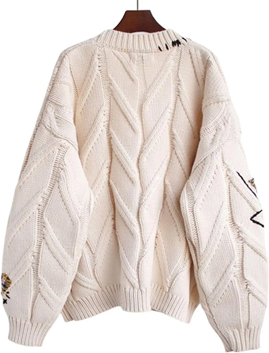 Cable Knit Sweater Women Open Front Cardigan Sheep V-Neck Button Down Long Sleeve Embroidery Wool Blend Sweaters Coat