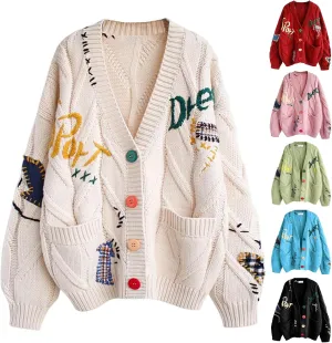 Cable Knit Sweater Women Open Front Cardigan Sheep V-Neck Button Down Long Sleeve Embroidery Wool Blend Sweaters Coat