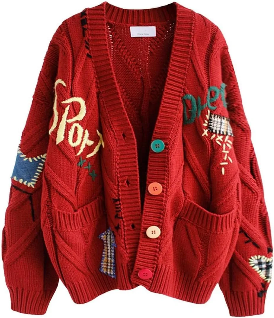 Cable Knit Sweater Women Open Front Cardigan Sheep V-Neck Button Down Long Sleeve Embroidery Wool Blend Sweaters Coat
