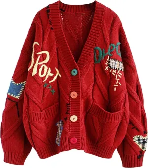 Cable Knit Sweater Women Open Front Cardigan Sheep V-Neck Button Down Long Sleeve Embroidery Wool Blend Sweaters Coat