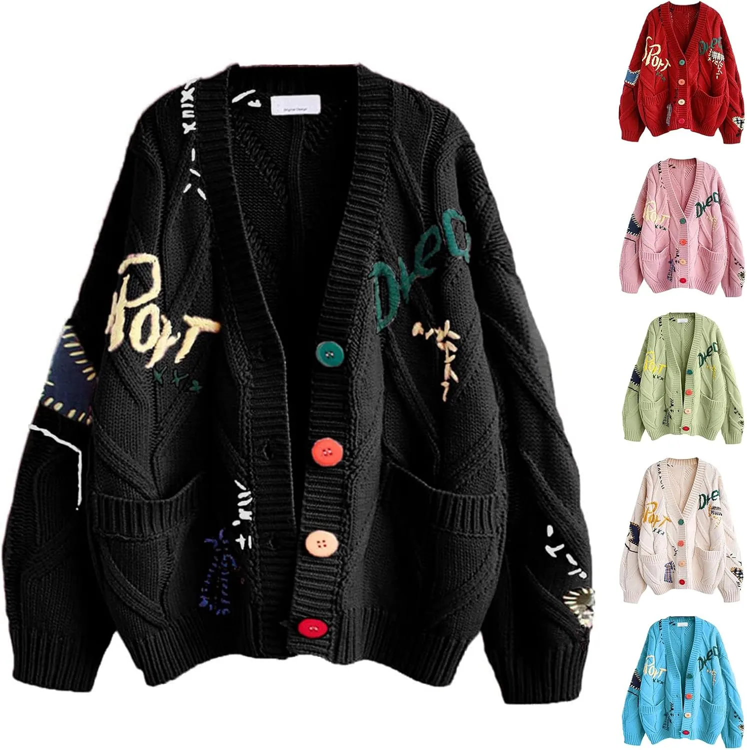 Cable Knit Sweater Women Open Front Cardigan Sheep V-Neck Button Down Long Sleeve Embroidery Wool Blend Sweaters Coat