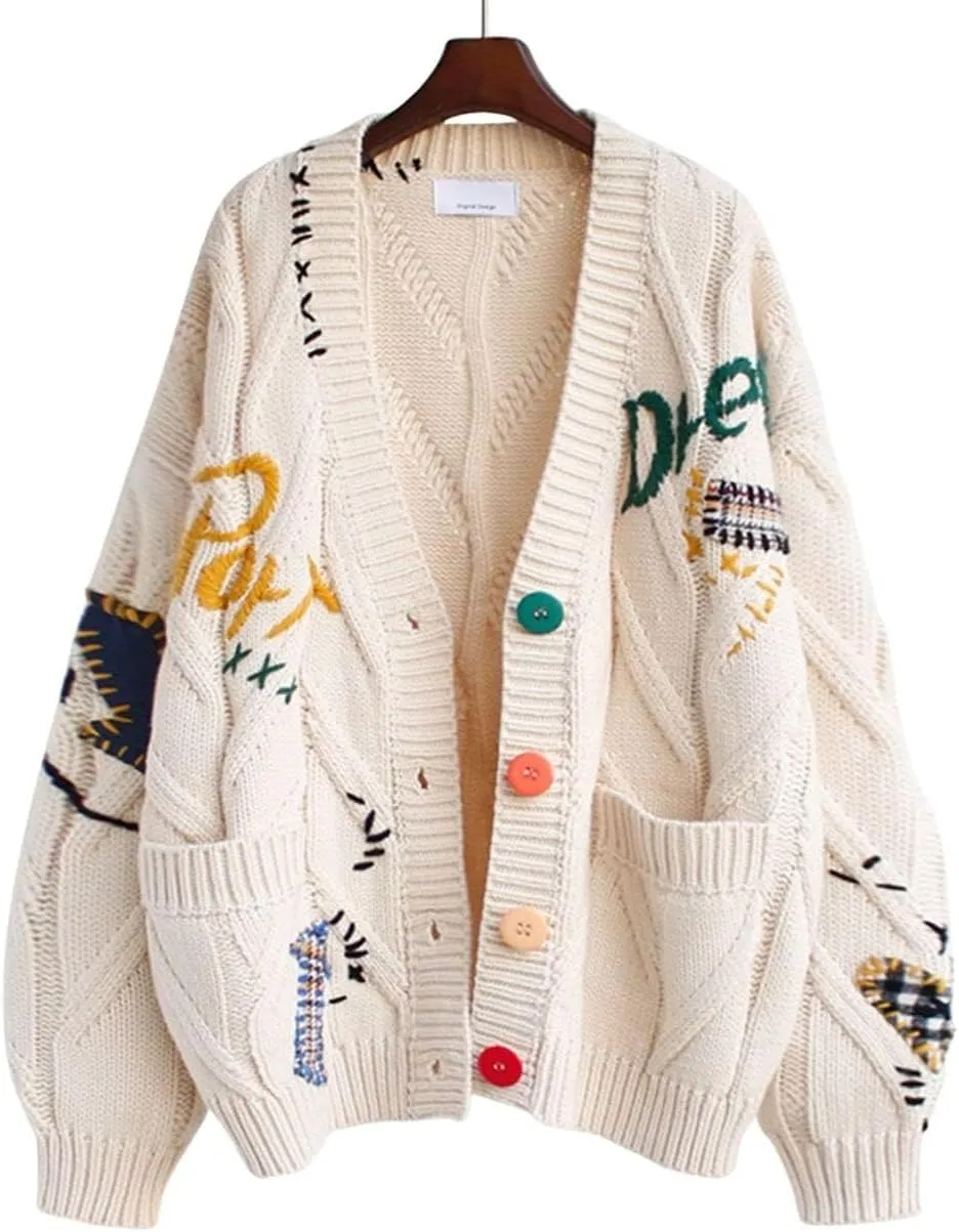 Cable Knit Sweater Women Open Front Cardigan Sheep V-Neck Button Down Long Sleeve Embroidery Wool Blend Sweaters Coat