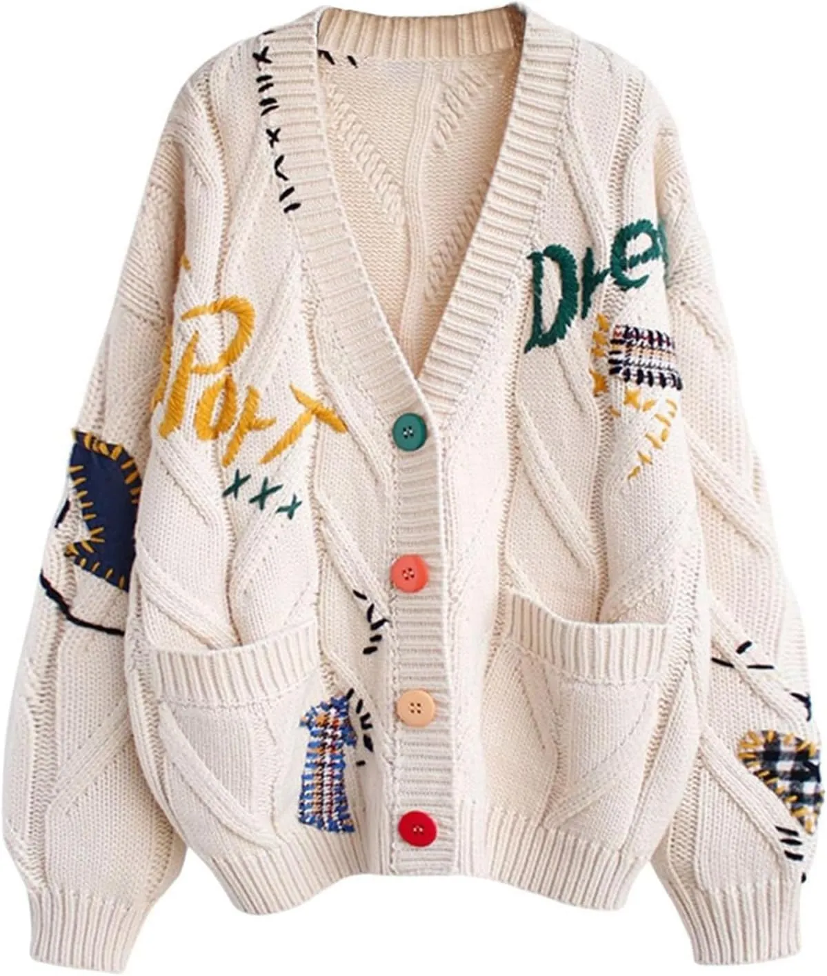 Cable Knit Sweater Women Open Front Cardigan Sheep V-Neck Button Down Long Sleeve Embroidery Wool Blend Sweaters Coat