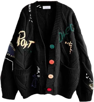 Cable Knit Sweater Women Open Front Cardigan Sheep V-Neck Button Down Long Sleeve Embroidery Wool Blend Sweaters Coat