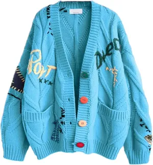 Cable Knit Sweater Women Open Front Cardigan Sheep V-Neck Button Down Long Sleeve Embroidery Wool Blend Sweaters Coat