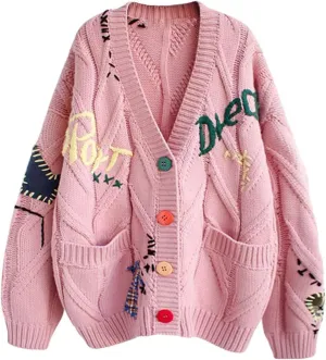 Cable Knit Sweater Women Open Front Cardigan Sheep V-Neck Button Down Long Sleeve Embroidery Wool Blend Sweaters Coat