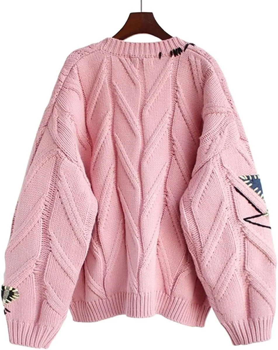 Cable Knit Sweater Women Open Front Cardigan Sheep V-Neck Button Down Long Sleeve Embroidery Wool Blend Sweaters Coat