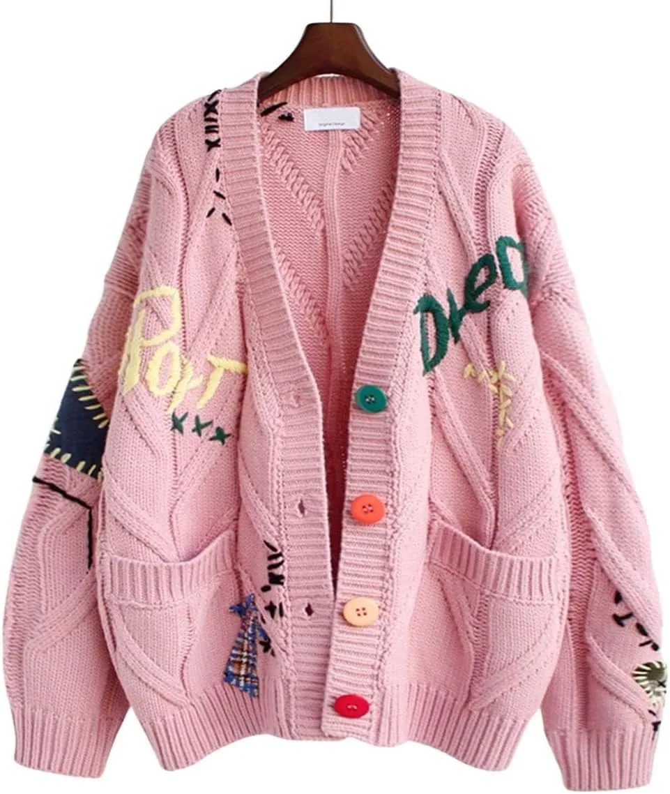 Cable Knit Sweater Women Open Front Cardigan Sheep V-Neck Button Down Long Sleeve Embroidery Wool Blend Sweaters Coat