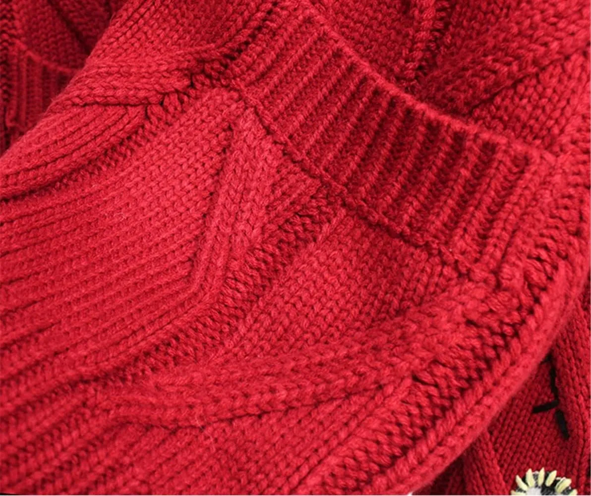 Cable Knit Sweater Women Open Front Cardigan Sheep V-Neck Button Down Long Sleeve Embroidery Wool Blend Sweaters Coat
