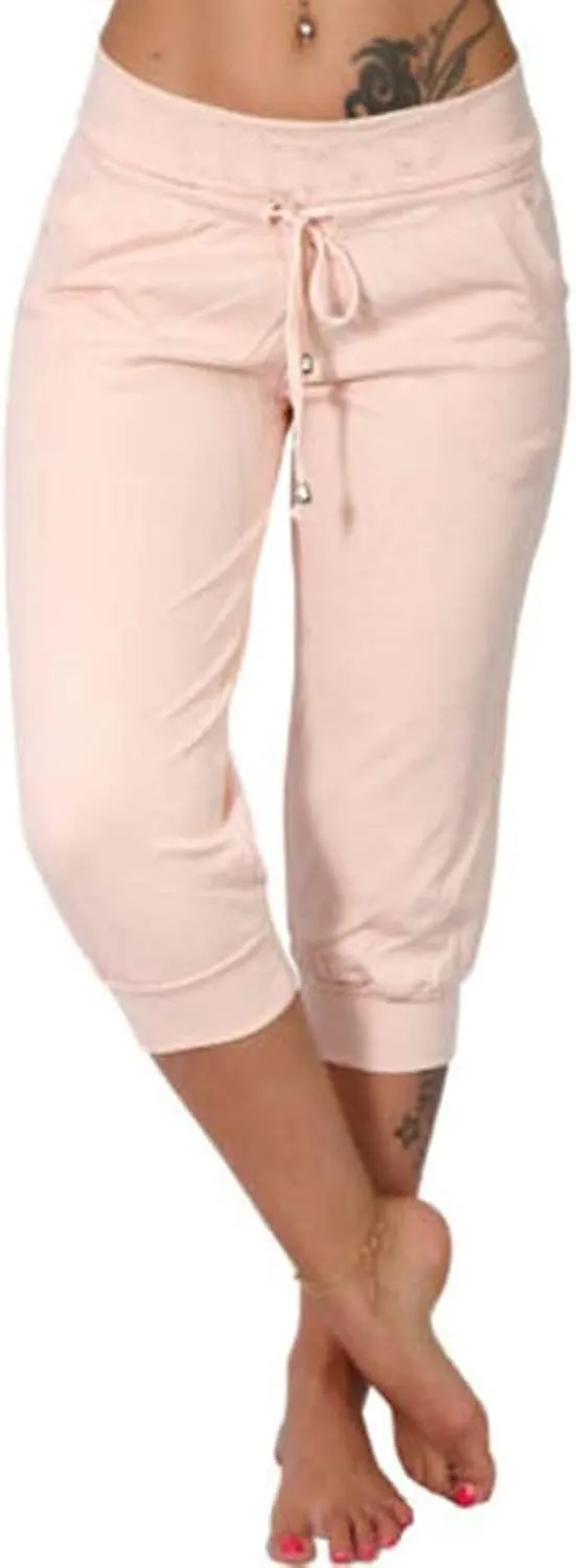Capri Pants for Women Summer Casual Stretchy Low Rise Yoga Legging Slim Fitting Drawstring Joggers with Pockets