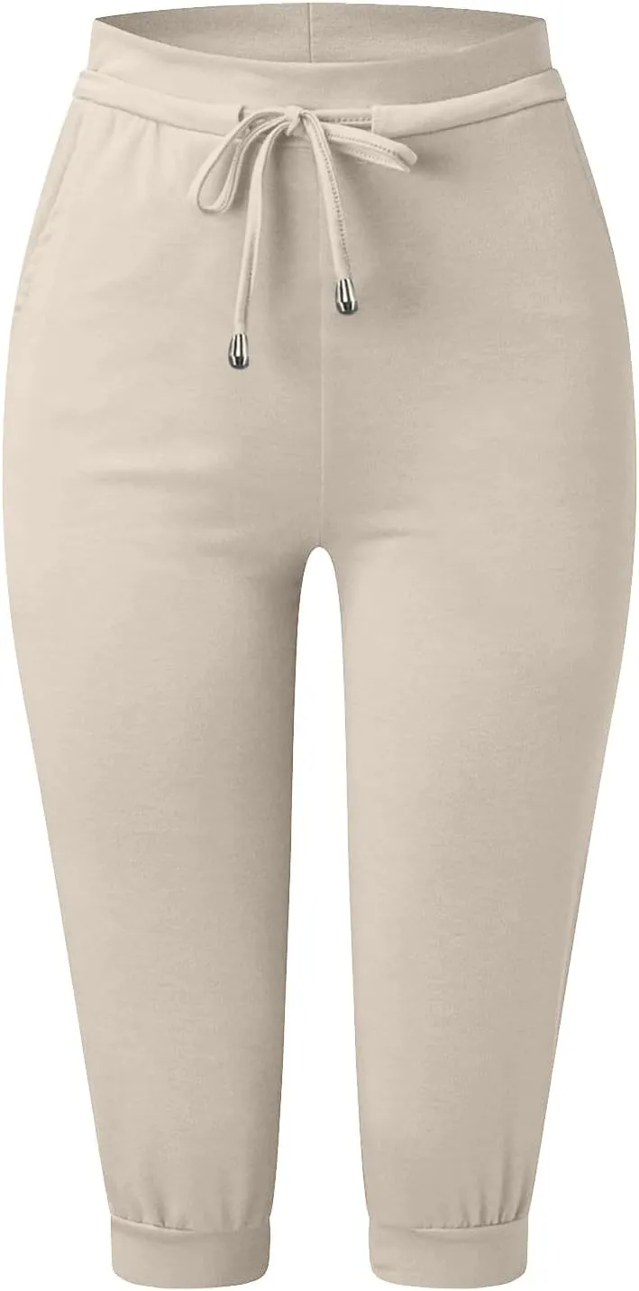 Capri Pants for Women Summer Casual Stretchy Low Rise Yoga Legging Slim Fitting Drawstring Joggers with Pockets