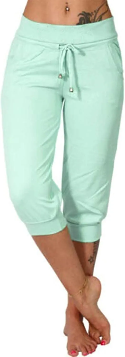 Capri Pants for Women Summer Casual Stretchy Low Rise Yoga Legging Slim Fitting Drawstring Joggers with Pockets