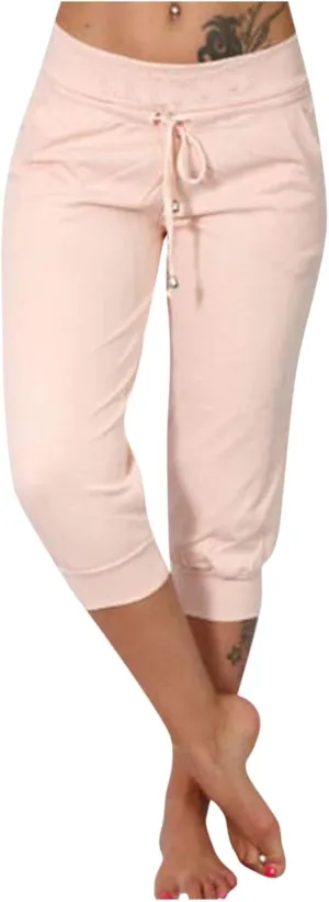 Capri Pants for Women Summer Casual Stretchy Low Rise Yoga Legging Slim Fitting Drawstring Joggers with Pockets