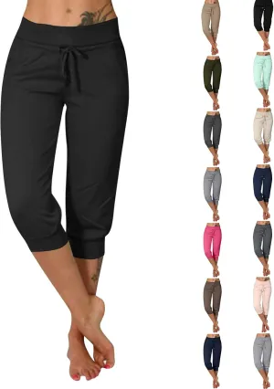 Capri Pants for Women Summer Casual Stretchy Low Rise Yoga Legging Slim Fitting Drawstring Joggers with Pockets