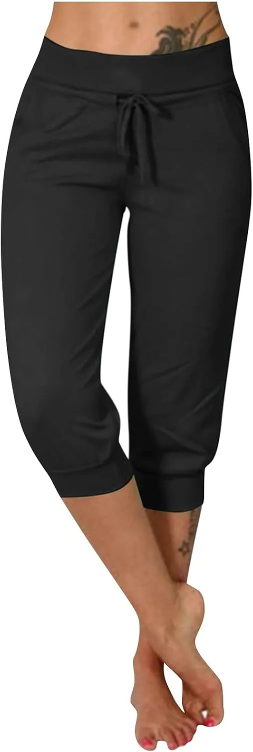 Capri Pants for Women Summer Casual Stretchy Low Rise Yoga Legging Slim Fitting Drawstring Joggers with Pockets